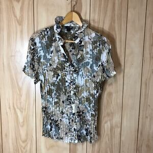 East 5th Floral Ruffled Sheer V-Neck Button-Up Short Sleeve Blouse L
